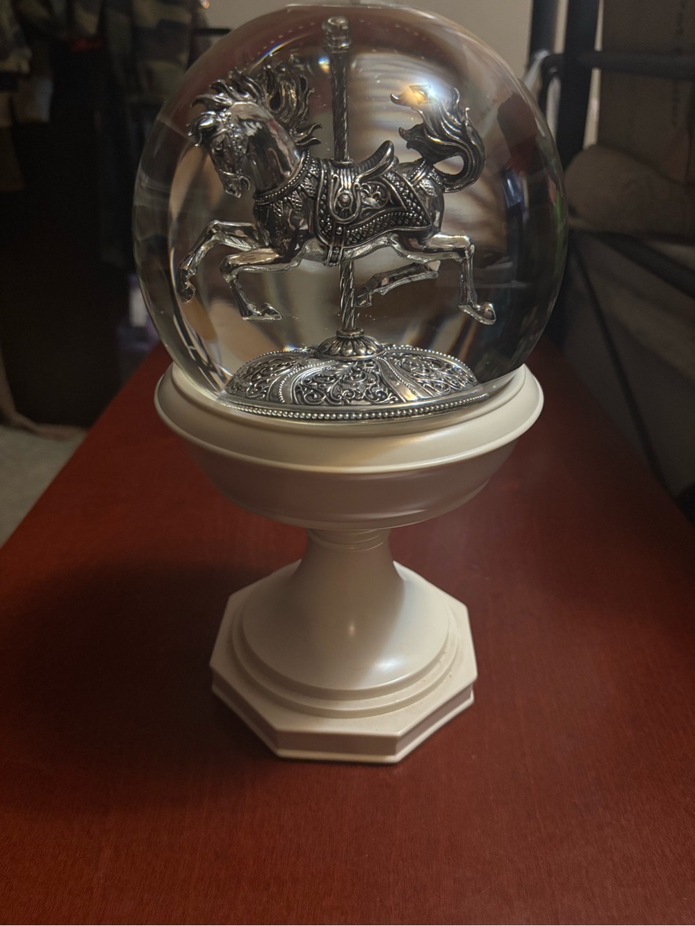 Silver Carousel Horse Snow Globe on Cream Pedestal - Home Accents